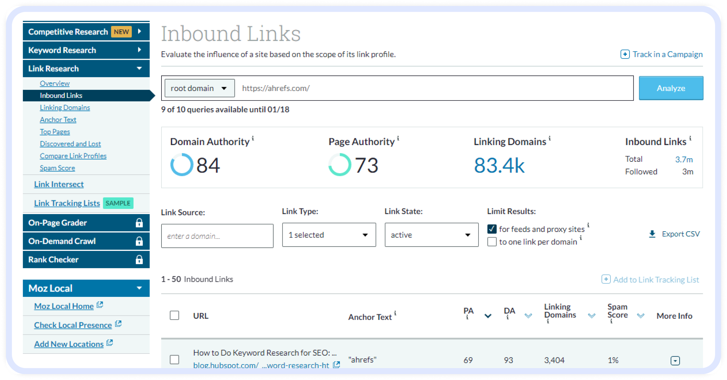 How to Check Inbound Links Before Buying Links for SEO. Moz Link Research interface showing inbound link metrics for ahrefs.com, including Domain Authority, Page Authority, linking domains, and total backlinks.